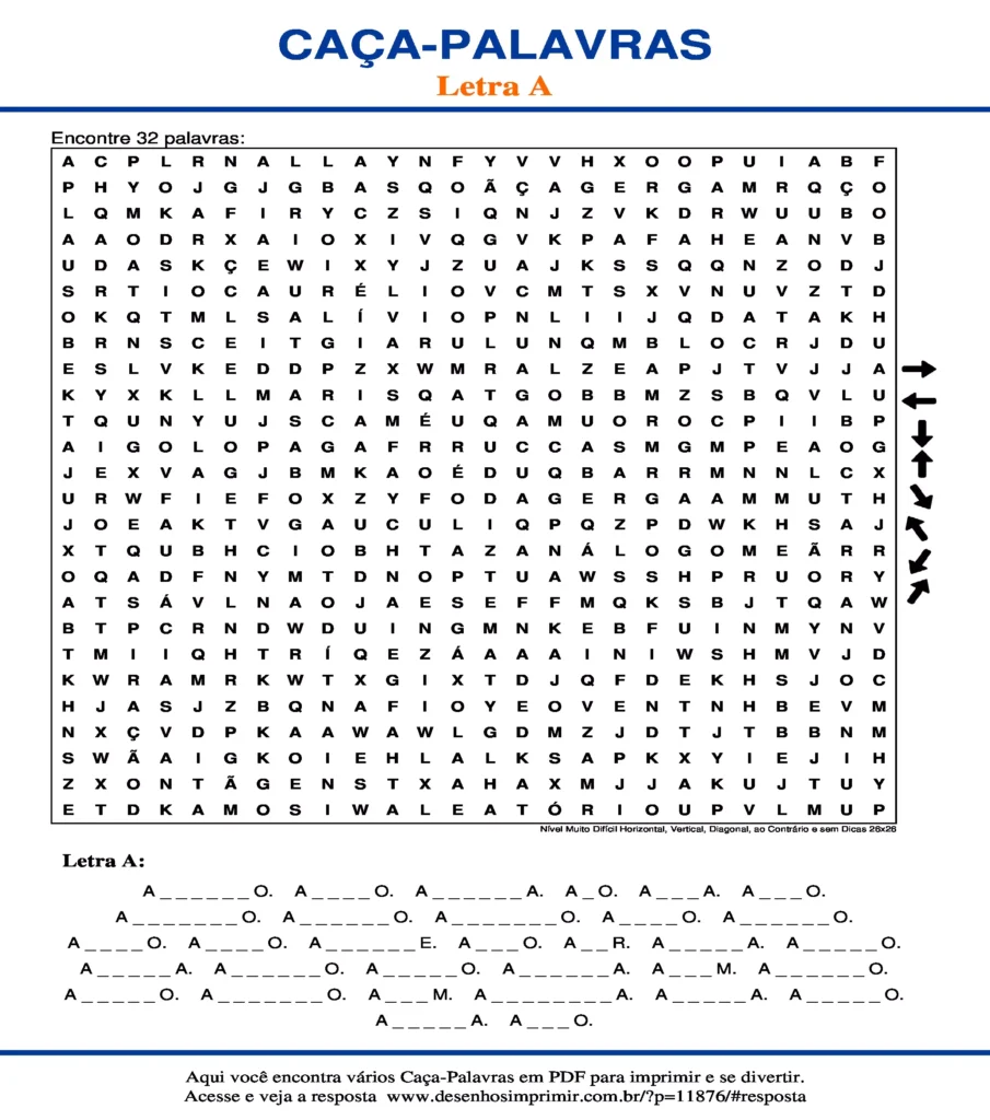 Letra Nível Muito Difícil Horizontal, Vertical, Diagonal, ao Contrário e sem Dicas 26x26 caça palavras Caça Palavras da Letra Nível Muito Difícil Horizontal, Vertical, Diagonal, ao Contrário e sem Dicas 26x26 A para imprimir