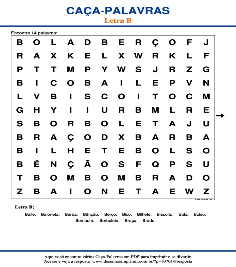 Letra B Nível Infantil 12x12 caça palavras Caça Palavras da Letra B Nível Infantil 12x12 para imprimir