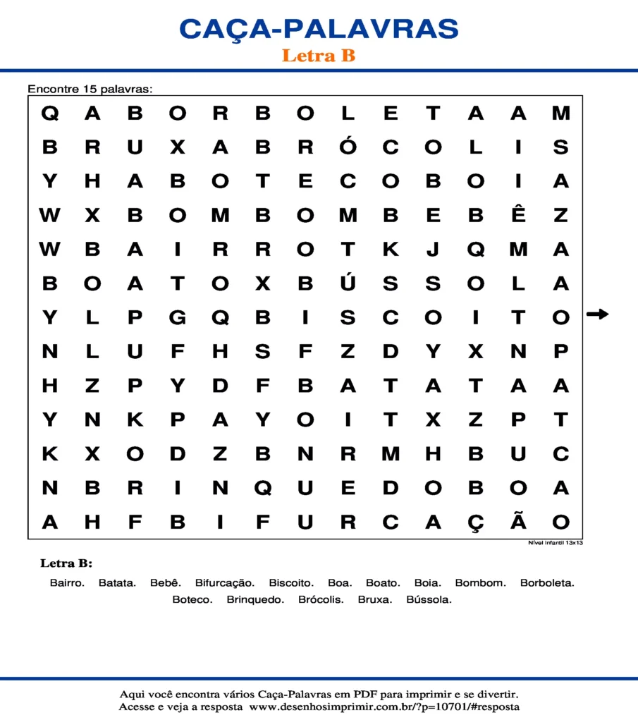 Letra B Nível Infantil 13x13 caça palavras Caça Palavras da Letra B Nível Infantil 13x13 para imprimir
