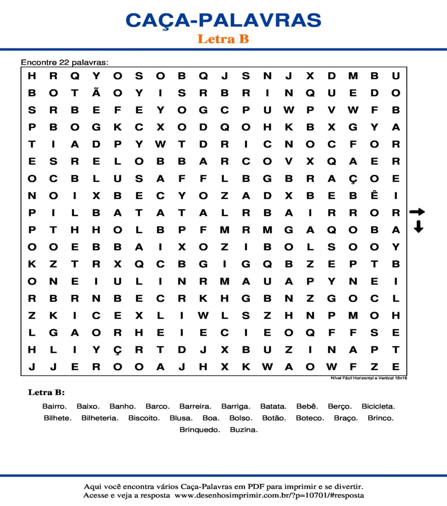 Letra B Nível Fácil Horizontal e Vertical 18x18 caça palavras Caça Palavras da Letra B Nível Fácil Horizontal e Vertical 18x18 para imprimir