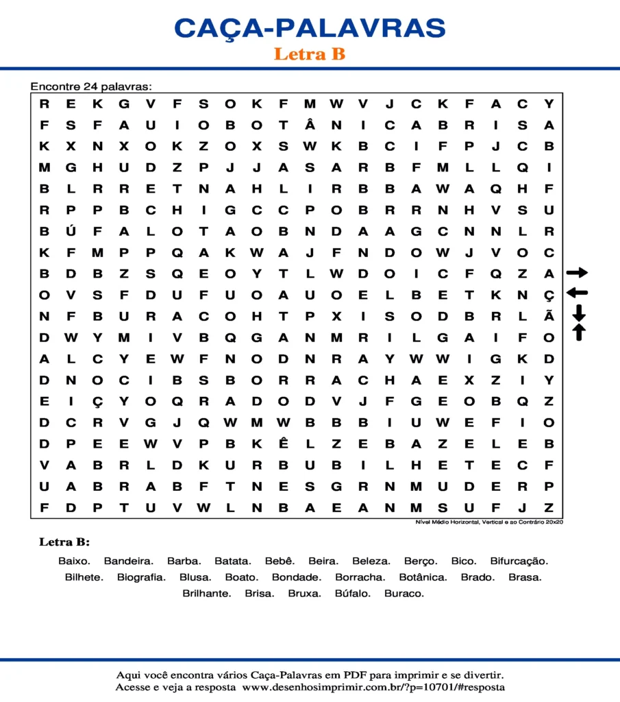 Letra B Nível Médio Horizontal, Vertical e ao Contrário 20x20 caça palavras Caça Palavras da Letra B Nível Médio Horizontal, Vertical e ao Contrário 20x20 para imprimir
