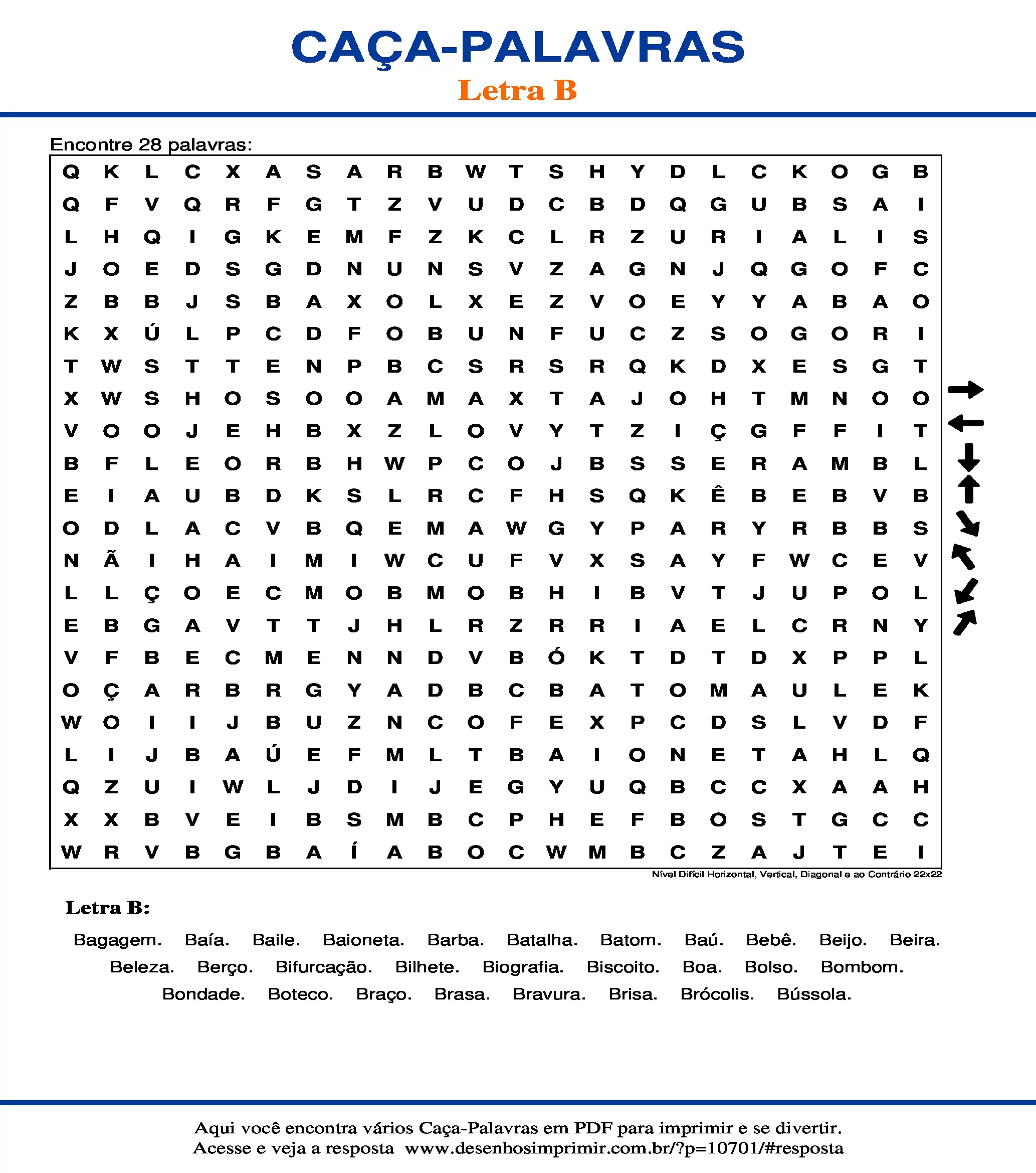 Caça Palavras Nível Difícil Horizontal, Vertical, Diagonal e ao Contrário 22x22