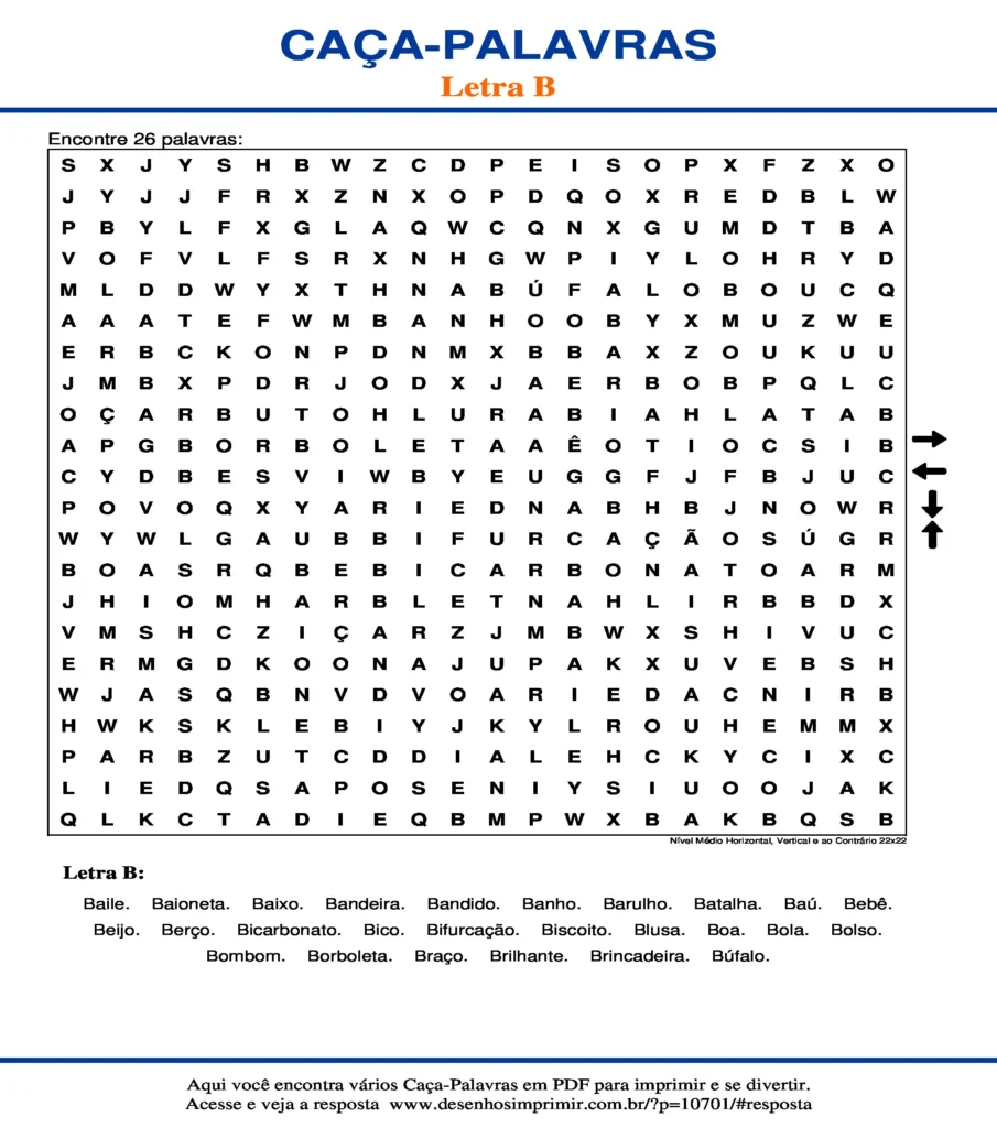 Letra B Nível Médio Horizontal, Vertical e ao Contrário 22x22 caça palavras Caça Palavras da Letra B Nível Médio Horizontal, Vertical e ao Contrário 22x22 para imprimir