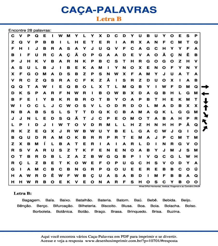 Letra B Nível Difícil Horizontal, Vertical, Diagonal e ao Contrário 24x24 caça palavras Caça Palavras da Letra B Nível Difícil Horizontal, Vertical, Diagonal e ao Contrário 24x24 para imprimir