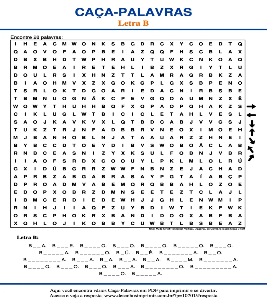 Letra B Nível Muito Difícil Horizontal, Vertical, Diagonal, ao Contrário e sem Dicas 24x24 caça palavras Caça Palavras da Letra B Nível Muito Difícil Horizontal, Vertical, Diagonal, ao Contrário e sem Dicas 24x24 para imprimir