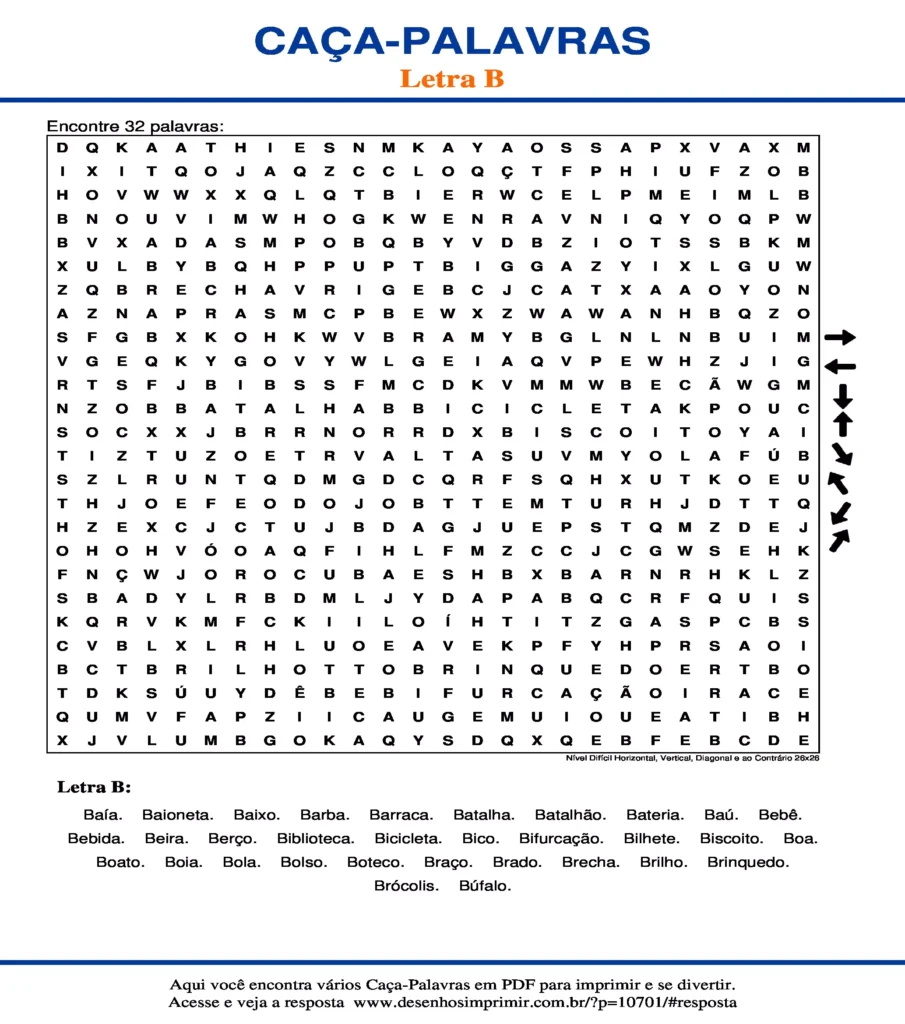 Letra B Nível Difícil Horizontal, Vertical, Diagonal e ao Contrário 26x26 caça palavras Caça Palavras da Letra B Nível Difícil Horizontal, Vertical, Diagonal e ao Contrário 26x26 para imprimir
