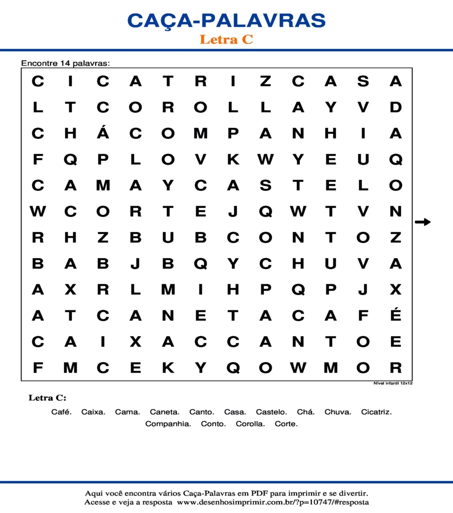 Letra C Nível Infantil 12x12 caça palavras Caça Palavras da Letra C Nível Infantil 12x12 para imprimir