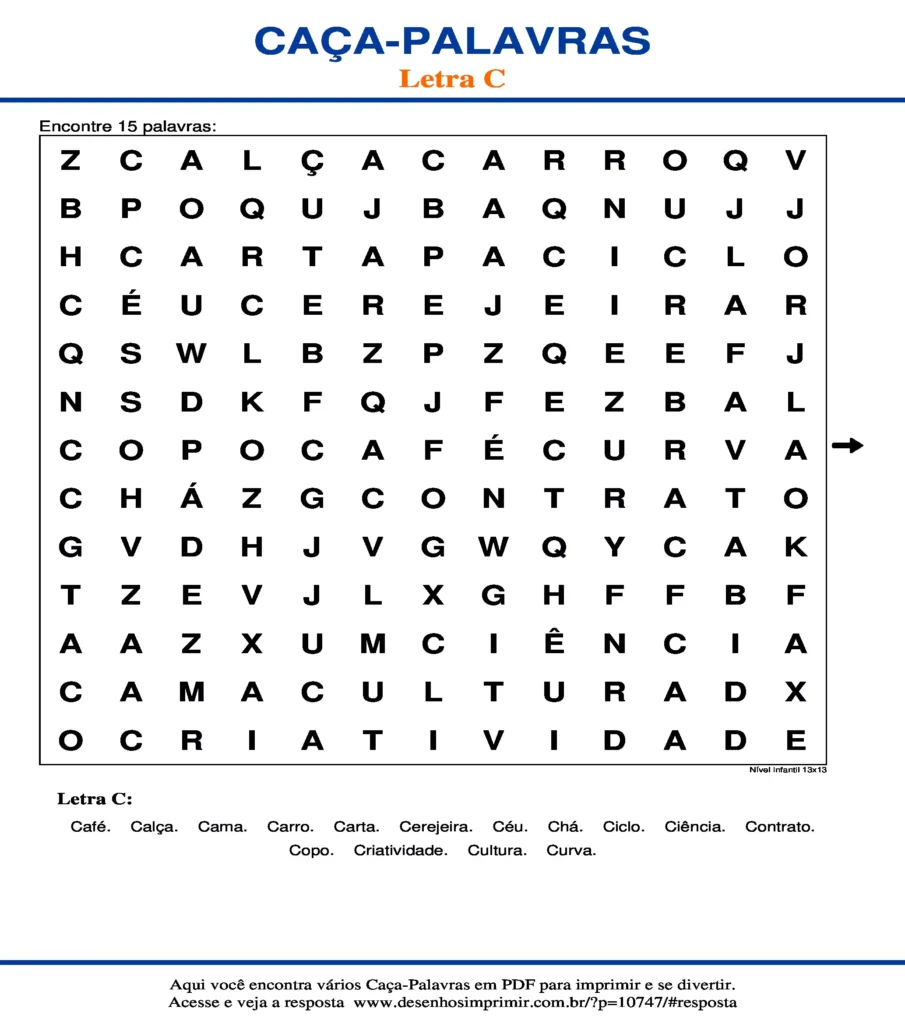 Letra C Nível Infantil 13x13 caça palavras Caça Palavras da Letra C Nível Infantil 13x13 para imprimir