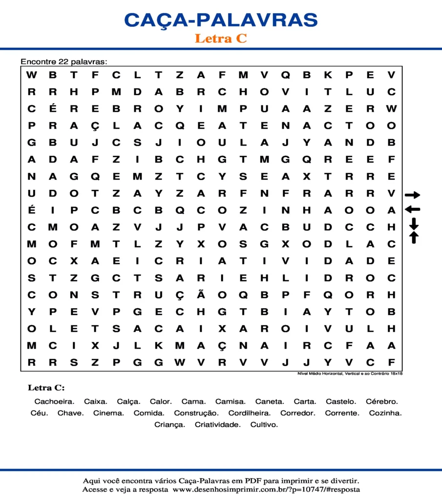 Letra C Nível Médio Horizontal, Vertical e ao Contrário 18x18 caça palavras Caça Palavras da Letra C Nível Médio Horizontal, Vertical e ao Contrário 18x18 para imprimir