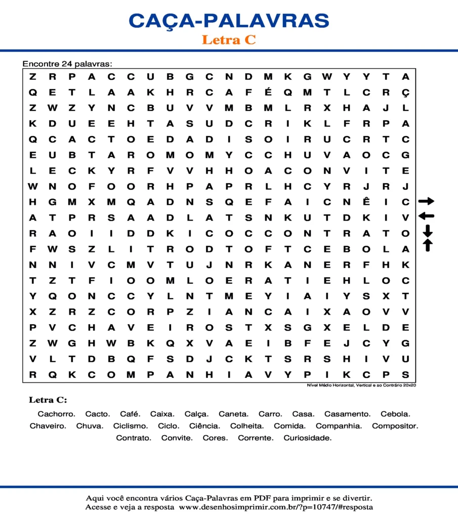 Letra C Nível Médio Horizontal, Vertical e ao Contrário 20x20 caça palavras Caça Palavras da Letra C Nível Médio Horizontal, Vertical e ao Contrário 20x20 para imprimir