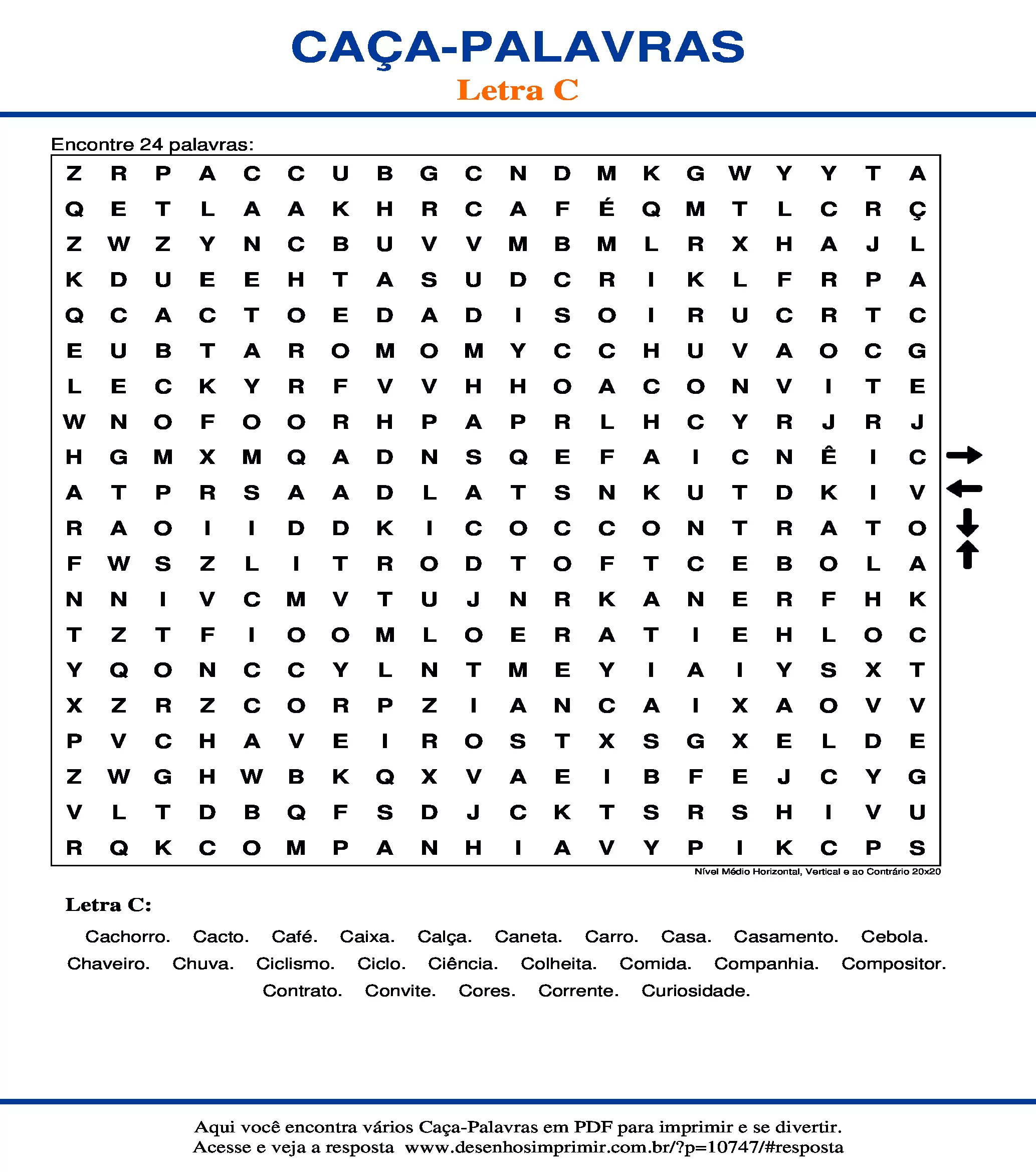 Caça Palavras Nível Médio Horizontal, Vertical e ao Contrário 20x20
