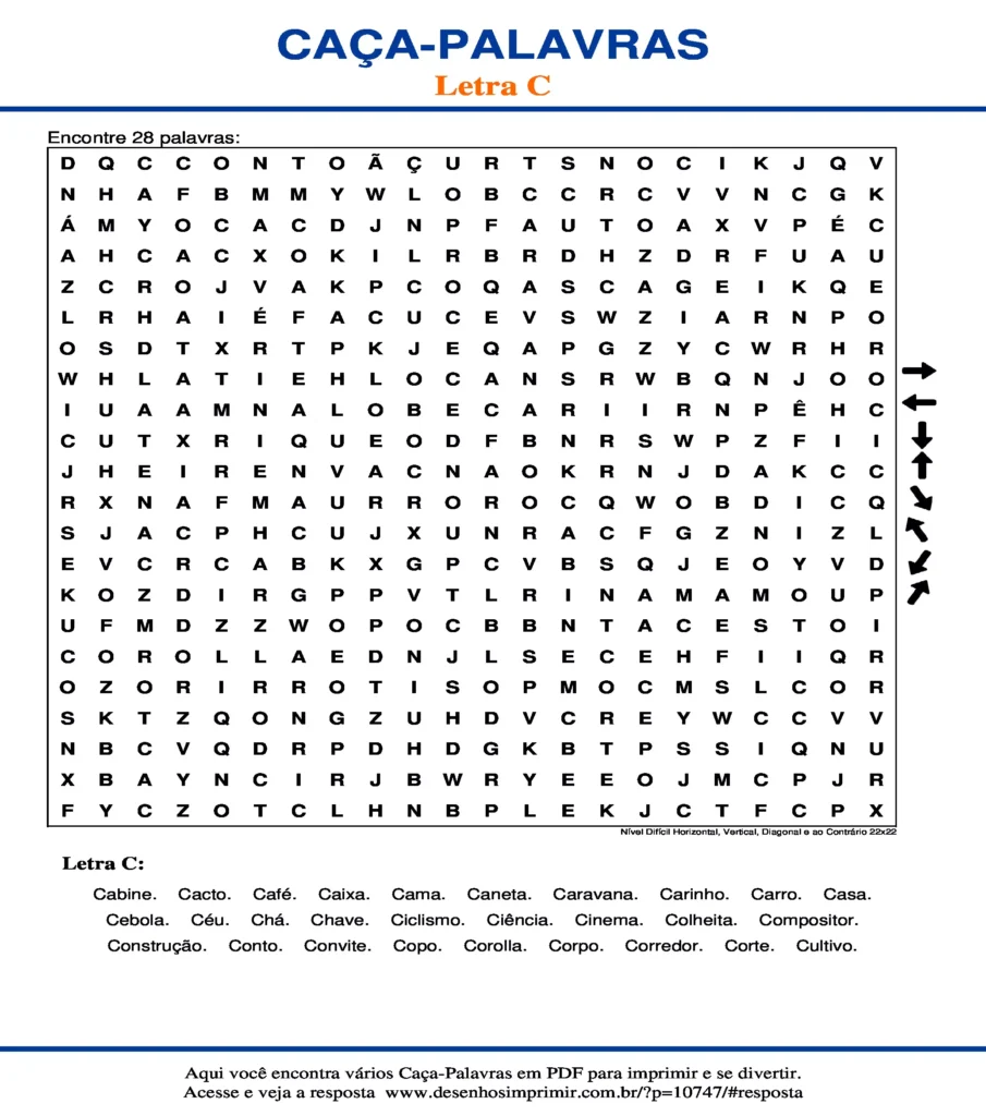 Letra C Nível Difícil Horizontal, Vertical, Diagonal e ao Contrário 22x22 caça palavras Caça Palavras da Letra C Nível Difícil Horizontal, Vertical, Diagonal e ao Contrário 22x22 para imprimir