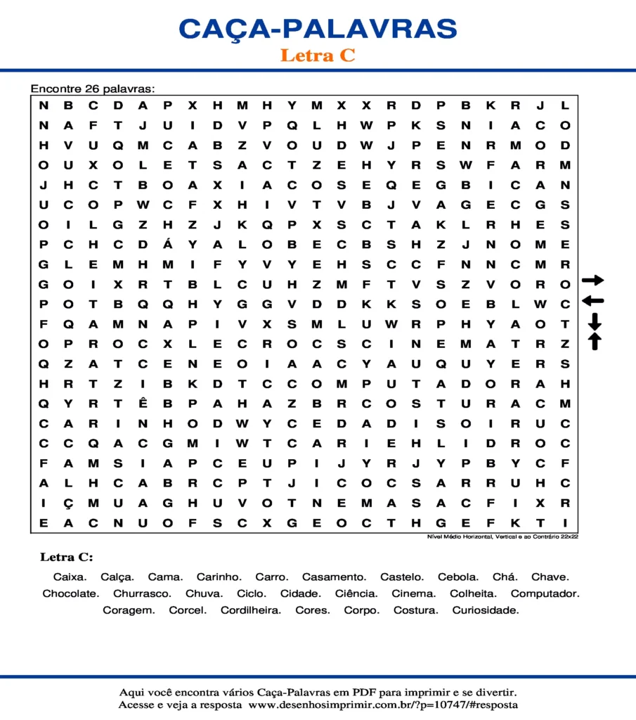 Letra C Nível Médio Horizontal, Vertical e ao Contrário 22x22 caça palavras Caça Palavras da Letra C Nível Médio Horizontal, Vertical e ao Contrário 22x22 para imprimir