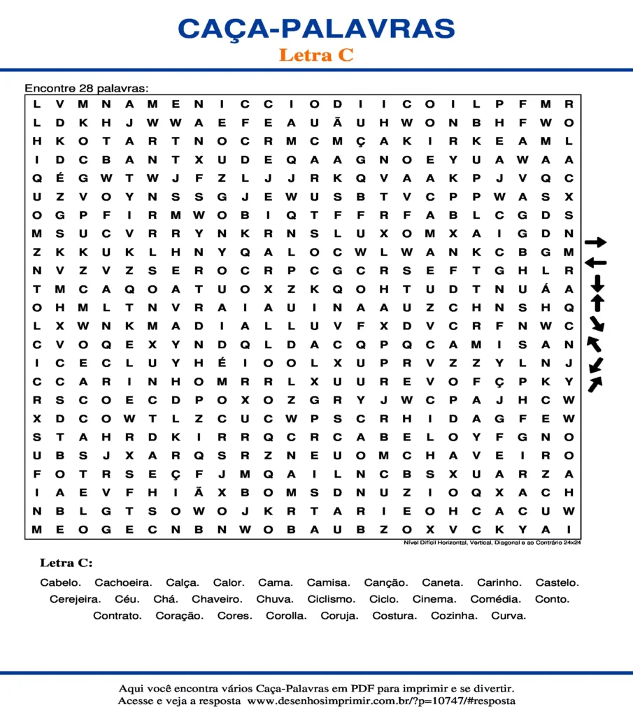 Letra C Nível Difícil Horizontal, Vertical, Diagonal e ao Contrário 24x24 caça palavras Caça Palavras da Letra C Nível Difícil Horizontal, Vertical, Diagonal e ao Contrário 24x24 para imprimir