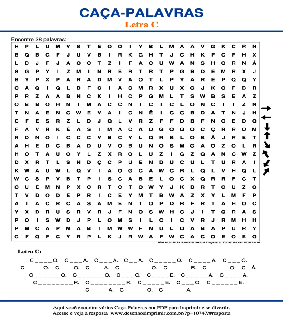 Letra C Nível Muito Difícil Horizontal, Vertical, Diagonal, ao Contrário e sem Dicas 24x24 caça palavras Caça Palavras da Letra C Nível Muito Difícil Horizontal, Vertical, Diagonal, ao Contrário e sem Dicas 24x24 para imprimir