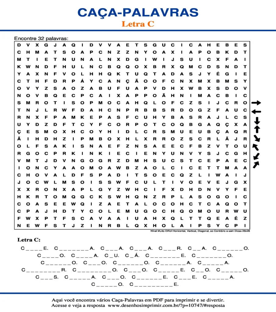 Letra C Nível Muito Difícil Horizontal, Vertical, Diagonal, ao Contrário e sem Dicas 26x26 caça palavras Caça Palavras da Letra C Nível Muito Difícil Horizontal, Vertical, Diagonal, ao Contrário e sem Dicas 26x26 para imprimir