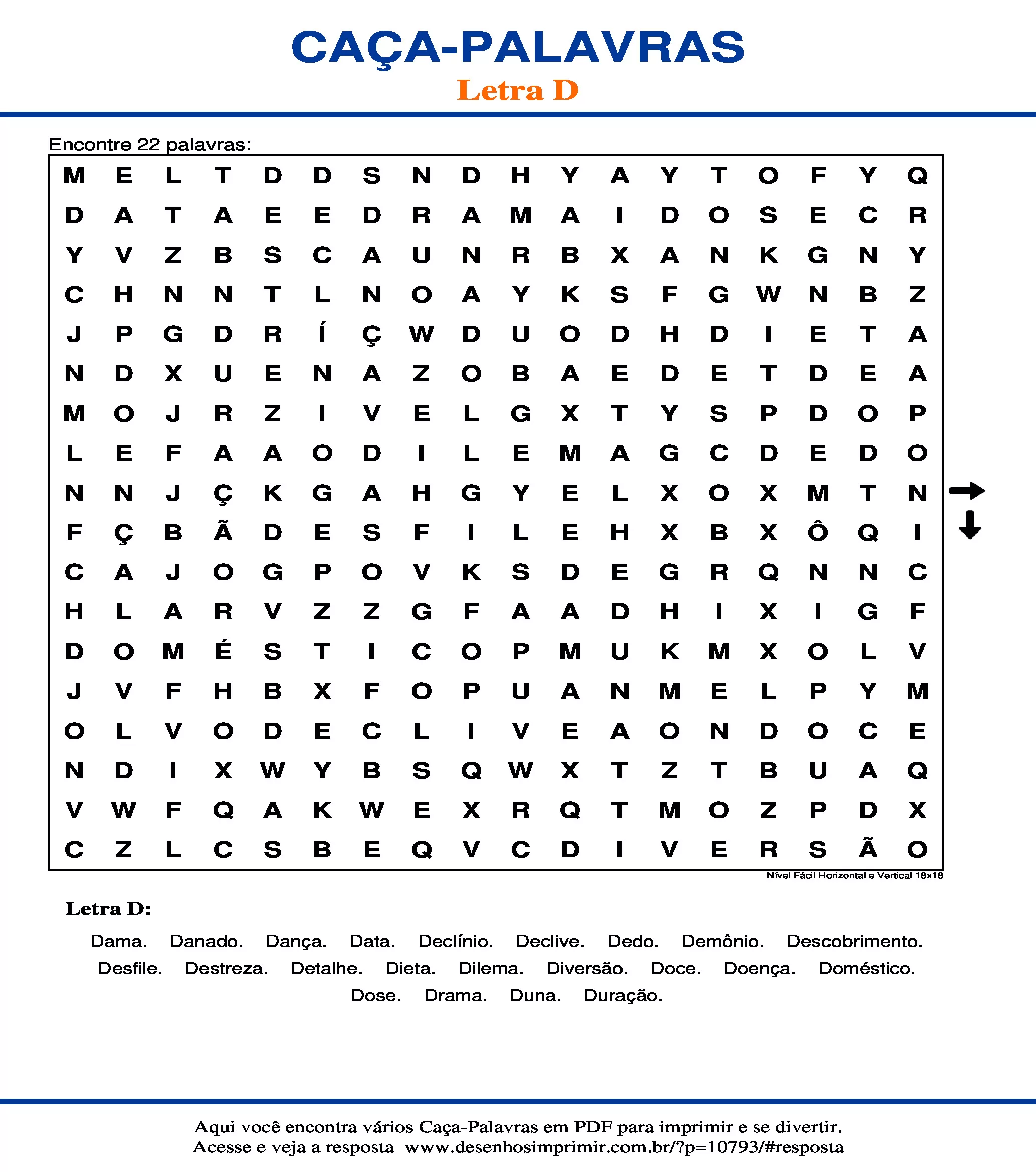 Caça Palavras Nível Fácil Horizontal e Vertical 18x18
