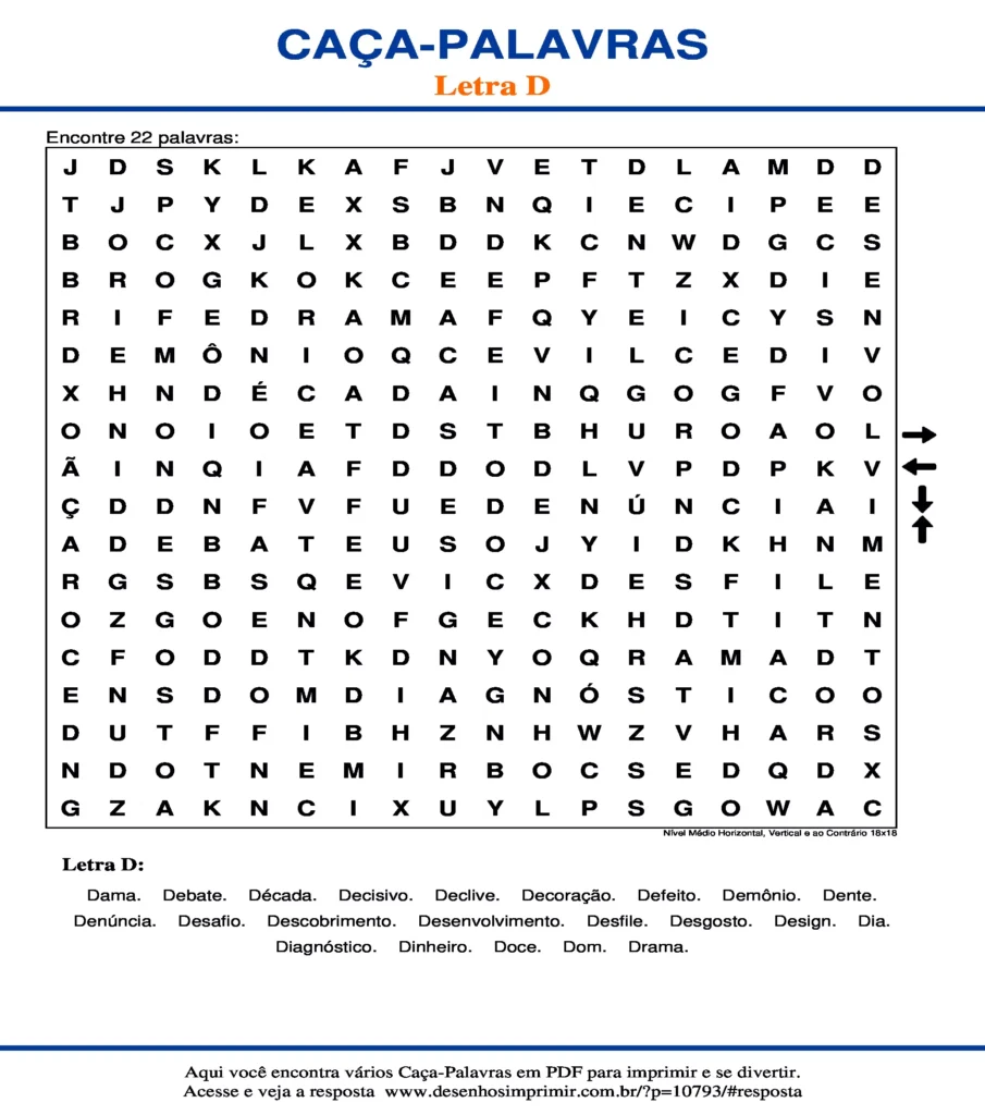 Letra D Nível Médio Horizontal, Vertical e ao Contrário 18x18 caça palavras Caça Palavras da Letra D Nível Médio Horizontal, Vertical e ao Contrário 18x18 para imprimir