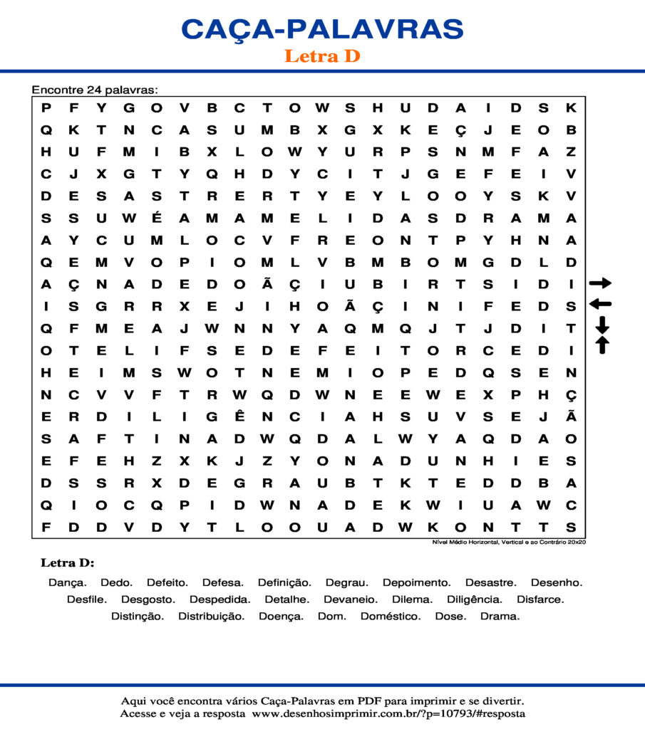 Caça Palavras da Letra D para imprimir - Desenhos Imprimir