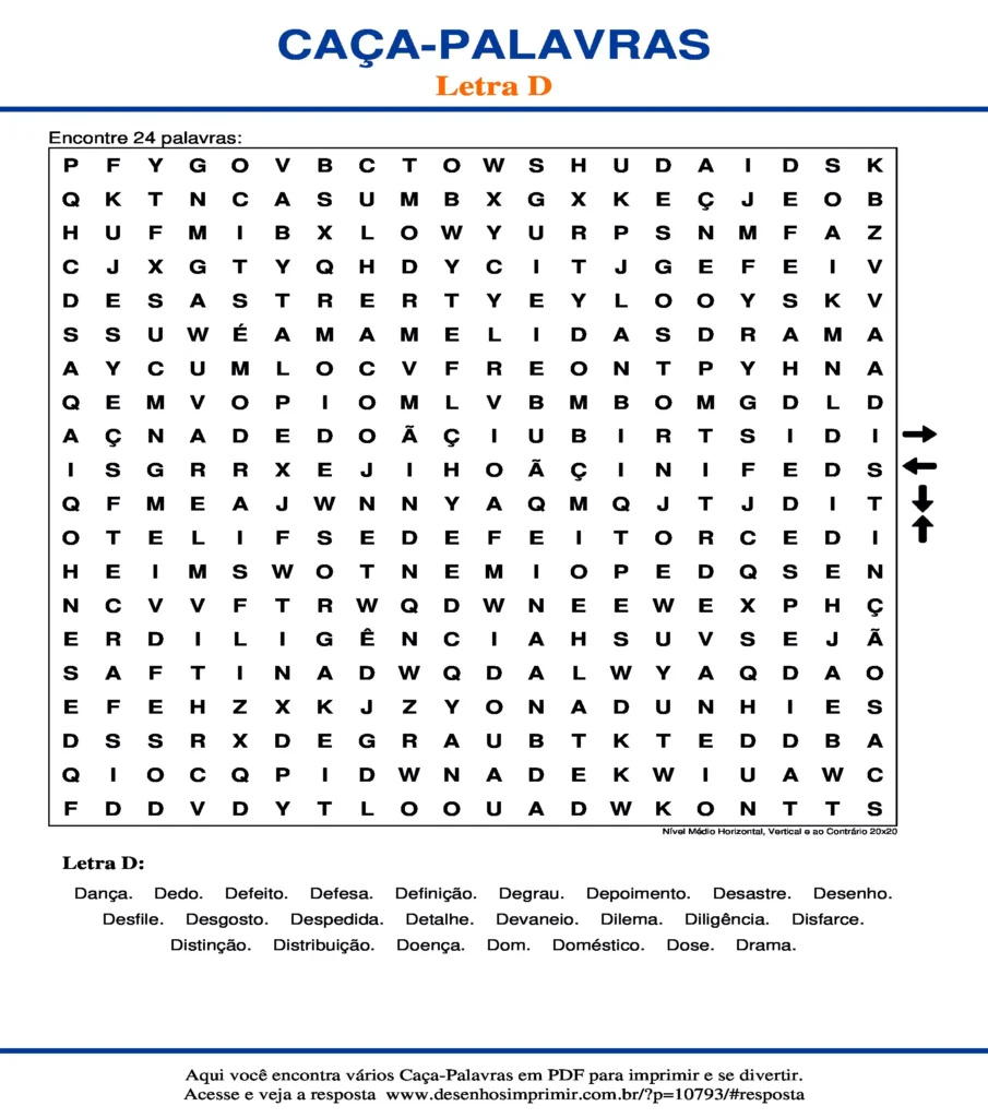 Letra D Nível Médio Horizontal, Vertical e ao Contrário 20x20 caça palavras Caça Palavras da Letra D Nível Médio Horizontal, Vertical e ao Contrário 20x20 para imprimir