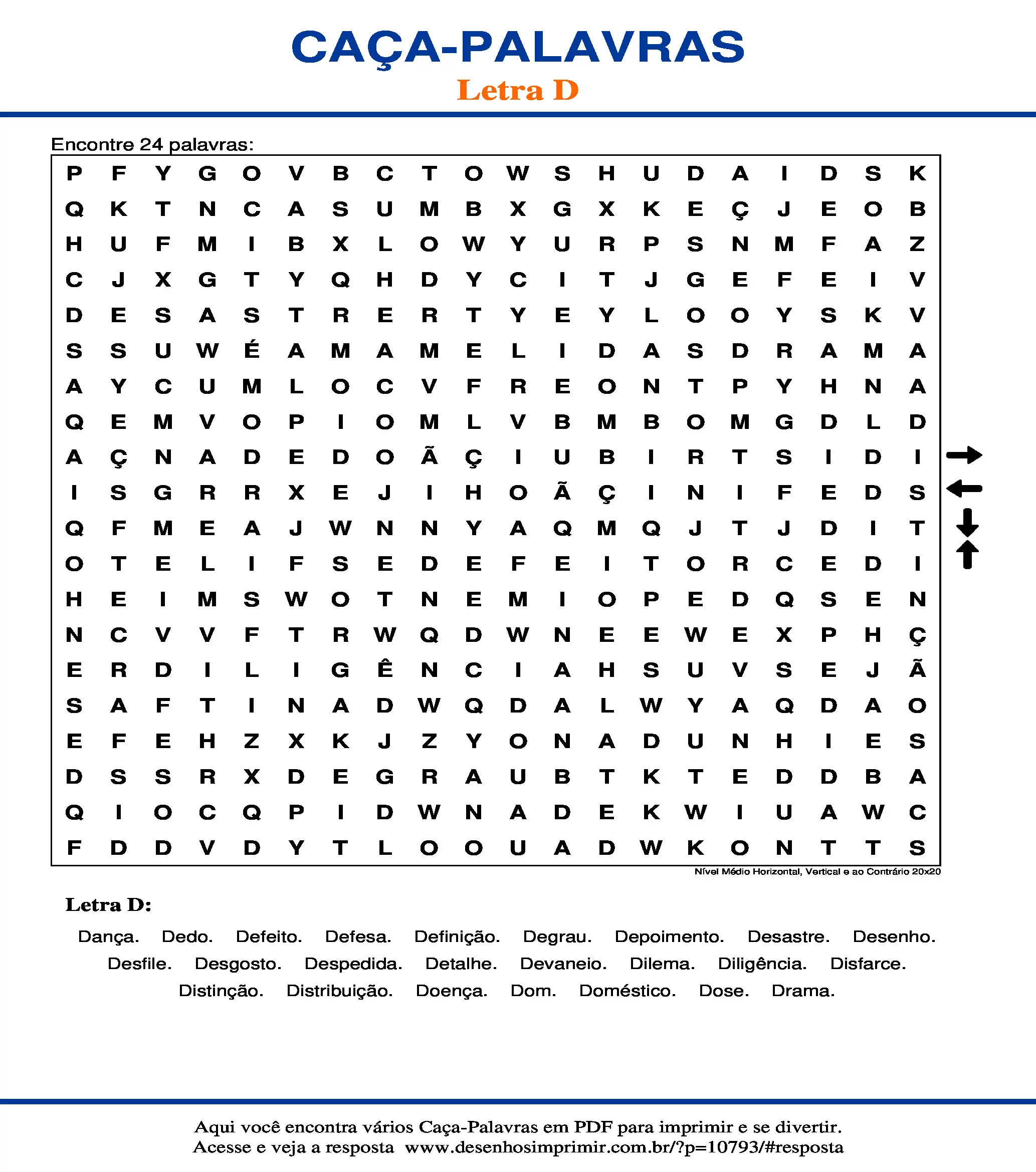 Caça Palavras Nível Médio Horizontal, Vertical e ao Contrário 20x20
