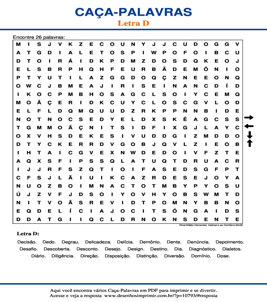 Letra D Nível Médio Horizontal, Vertical e ao Contrário 22x22 caça palavras Caça Palavras da Letra D Nível Médio Horizontal, Vertical e ao Contrário 22x22 para imprimir