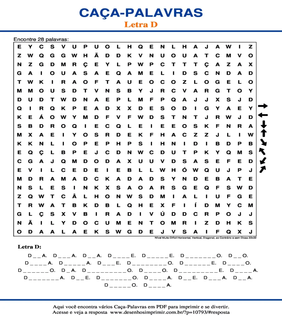 Letra D Nível Muito Difícil Horizontal, Vertical, Diagonal, ao Contrário e sem Dicas 22x22 caça palavras Caça Palavras da Letra D Nível Muito Difícil Horizontal, Vertical, Diagonal, ao Contrário e sem Dicas 22x22 para imprimir