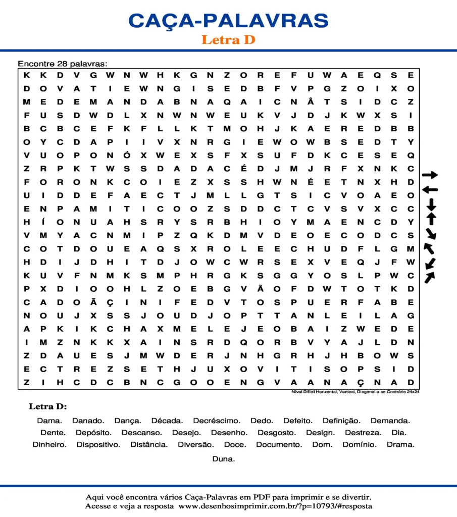 Letra D Nível Difícil Horizontal, Vertical, Diagonal e ao Contrário 24x24 caça palavras Caça Palavras da Letra D Nível Difícil Horizontal, Vertical, Diagonal e ao Contrário 24x24 para imprimir