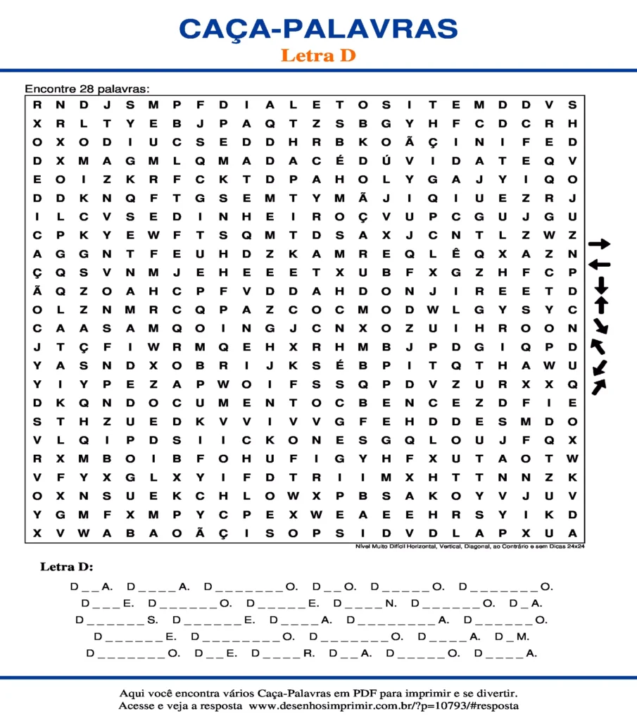 Letra D Nível Muito Difícil Horizontal, Vertical, Diagonal, ao Contrário e sem Dicas 24x24 caça palavras Caça Palavras da Letra D Nível Muito Difícil Horizontal, Vertical, Diagonal, ao Contrário e sem Dicas 24x24 para imprimir