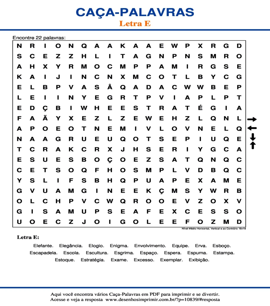 Letra Nível Médio Horizontal, Vertical e ao Contrário 18x18 caça palavras Caça Palavras da Letra Nível Médio Horizontal, Vertical e ao Contrário 18x18 para imprimir