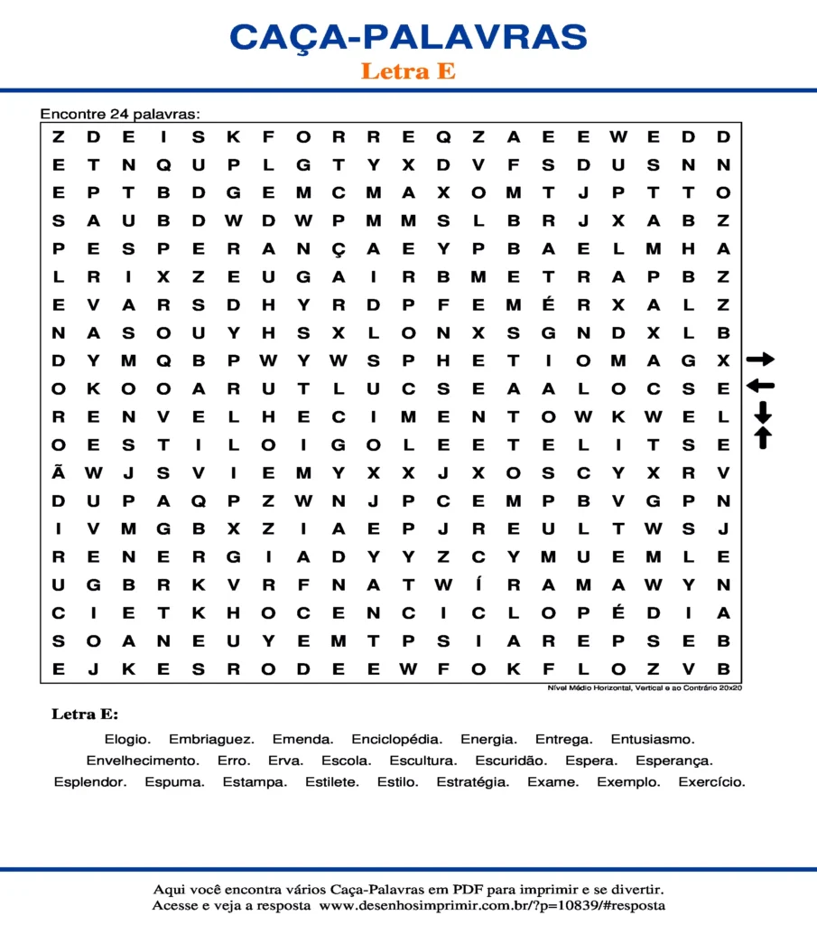 Letra Nível Médio Horizontal, Vertical e ao Contrário 20x20 caça palavras Caça Palavras da Letra Nível Médio Horizontal, Vertical e ao Contrário 20x20 para imprimir