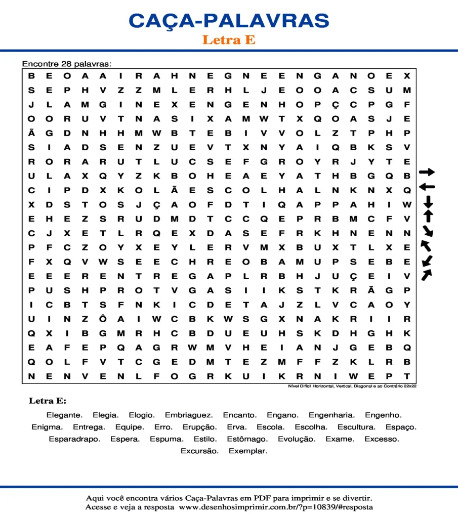 Letra Nível Difícil Horizontal, Vertical, Diagonal e ao Contrário 22x22 caça palavras Caça Palavras da Letra Nível Difícil Horizontal, Vertical, Diagonal e ao Contrário 22x22 para imprimir