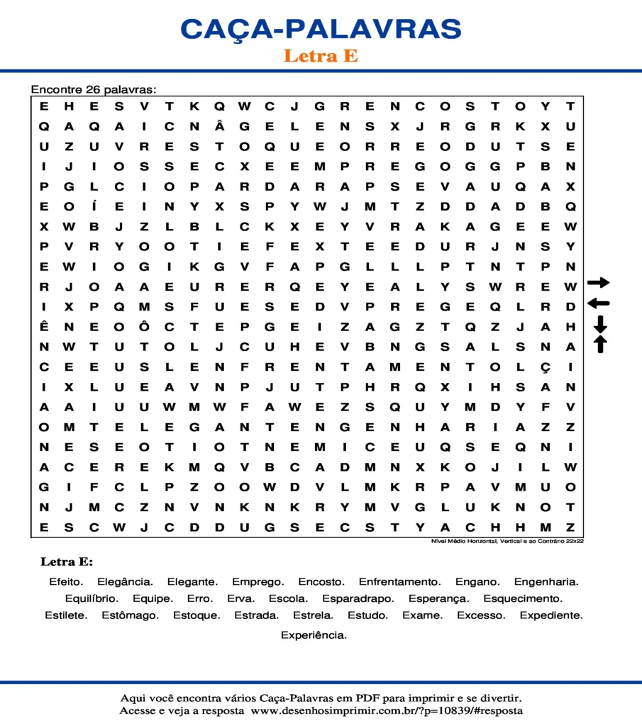 Letra Nível Médio Horizontal, Vertical e ao Contrário 22x22 caça palavras Caça Palavras da Letra Nível Médio Horizontal, Vertical e ao Contrário 22x22 para imprimir