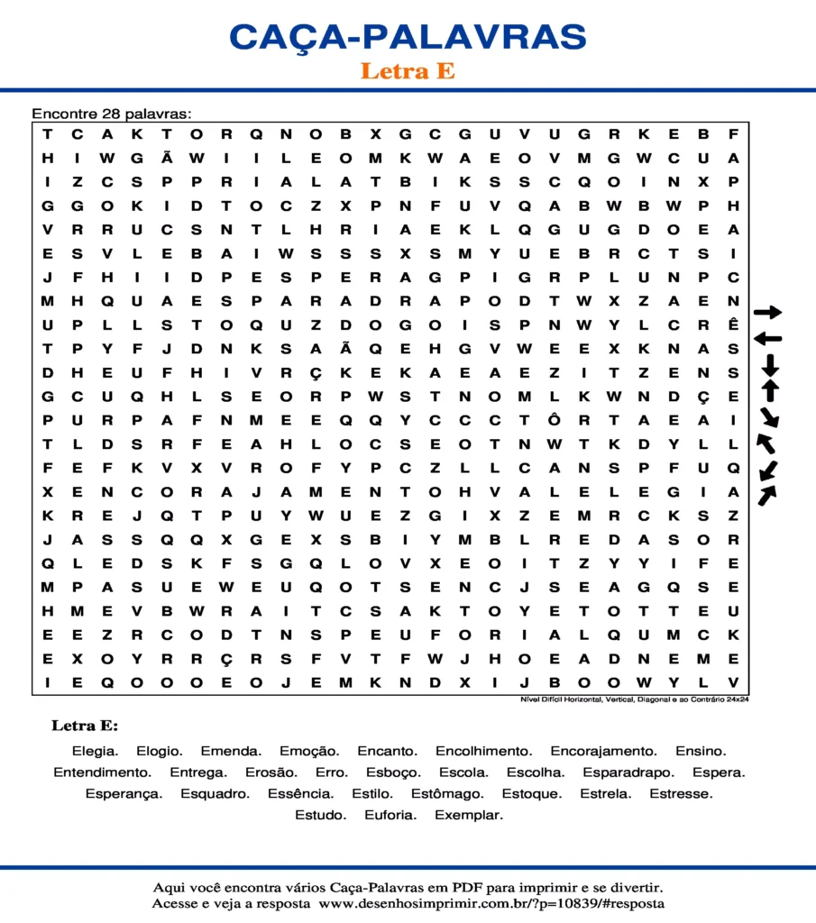 Letra Nível Difícil Horizontal, Vertical, Diagonal e ao Contrário 24x24 caça palavras Caça Palavras da Letra Nível Difícil Horizontal, Vertical, Diagonal e ao Contrário 24x24 para imprimir