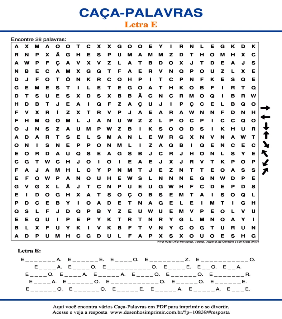 Letra Nível Muito Difícil Horizontal, Vertical, Diagonal, ao Contrário e sem Dicas 24x24 caça palavras Caça Palavras da Letra Nível Muito Difícil Horizontal, Vertical, Diagonal, ao Contrário e sem Dicas 24x24 para imprimir