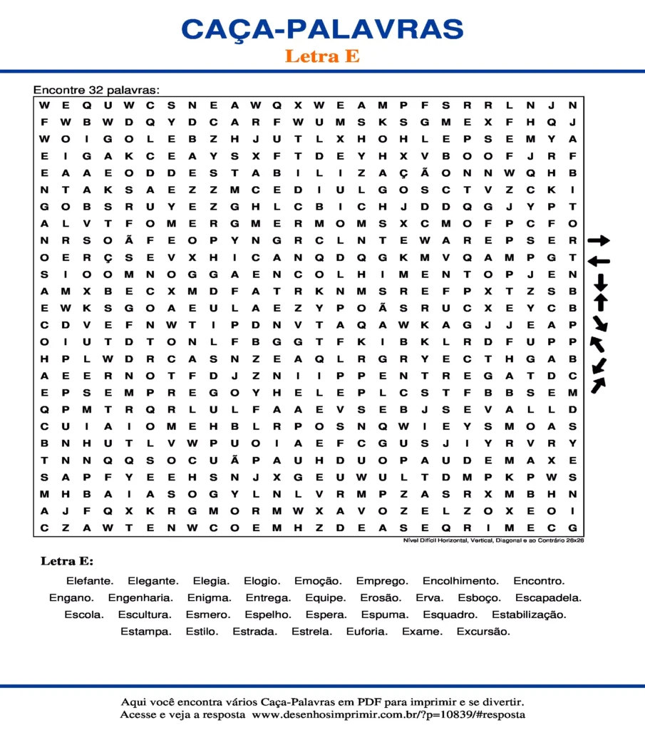 Letra Nível Difícil Horizontal, Vertical, Diagonal e ao Contrário 26x26 caça palavras Caça Palavras da Letra Nível Difícil Horizontal, Vertical, Diagonal e ao Contrário 26x26 para imprimir