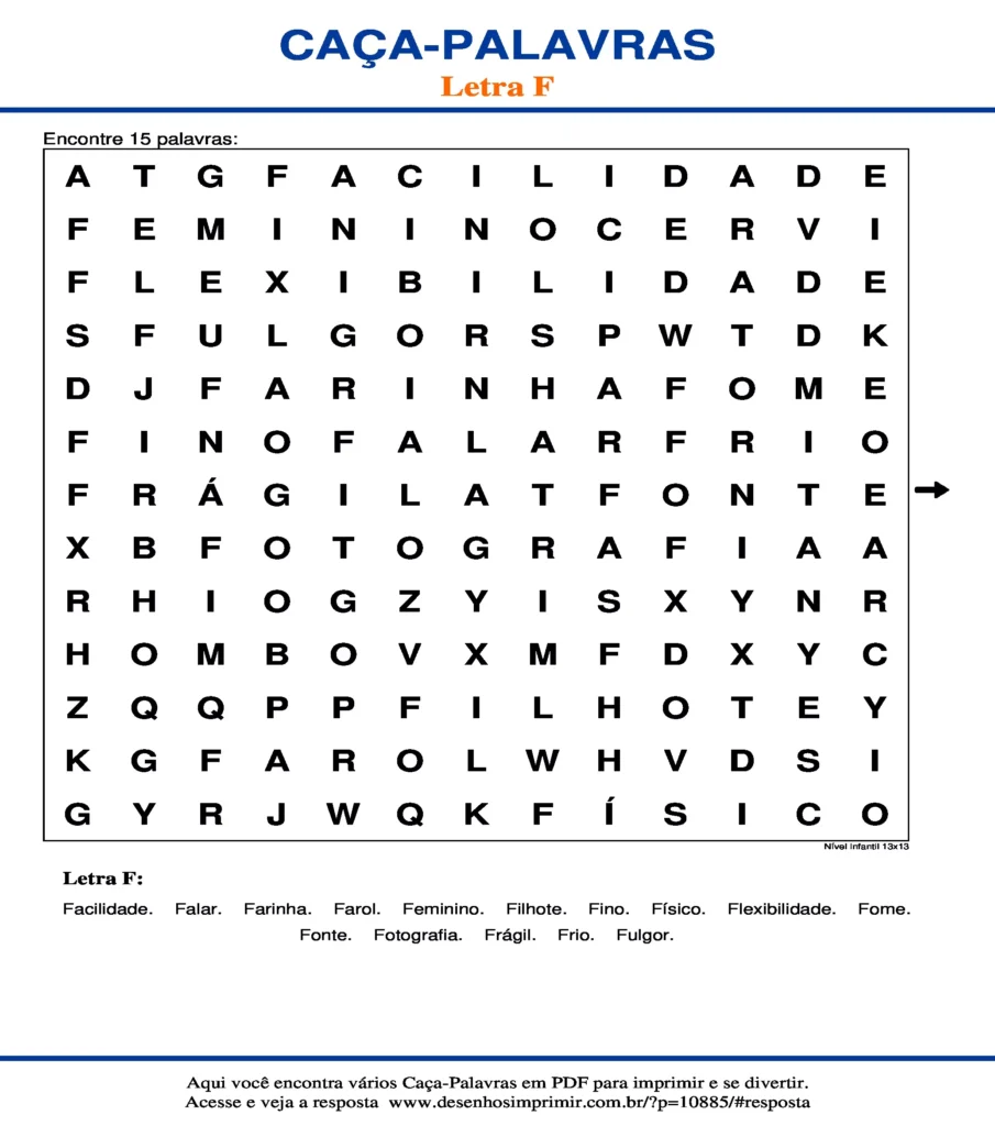 Letra F Nível Infantil 13x13 caça palavras Caça Palavras da Letra F Nível Infantil 13x13 para imprimir