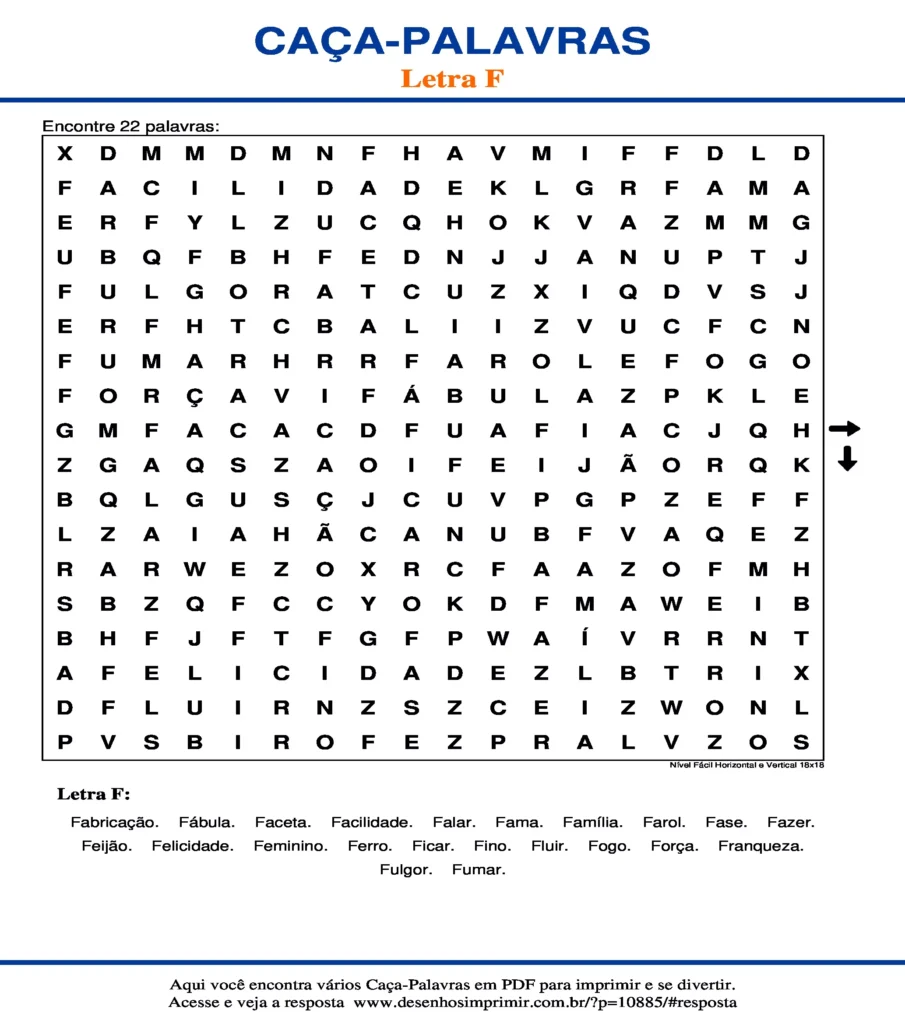 Letra F Nível Fácil Horizontal e Vertical 18x18 caça palavras Caça Palavras da Letra F Nível Fácil Horizontal e Vertical 18x18 para imprimir