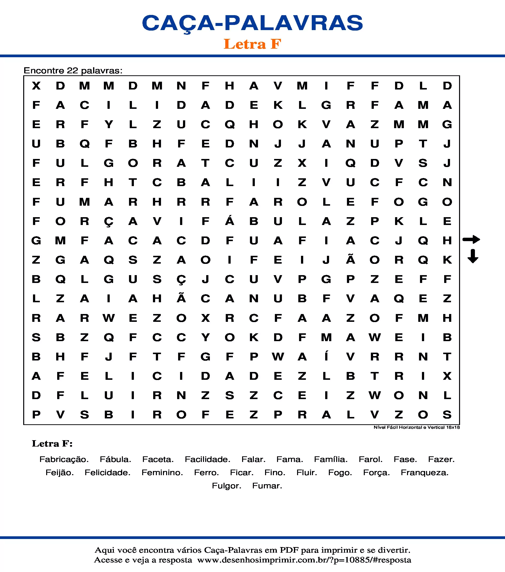 Caça Palavras Nível Fácil Horizontal e Vertical 18x18
