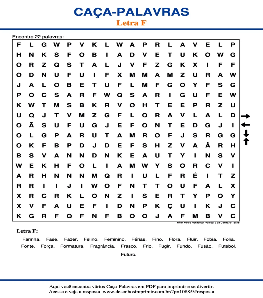 Letra F Nível Médio Horizontal, Vertical e ao Contrário 18x18 caça palavras Caça Palavras da Letra F Nível Médio Horizontal, Vertical e ao Contrário 18x18 para imprimir