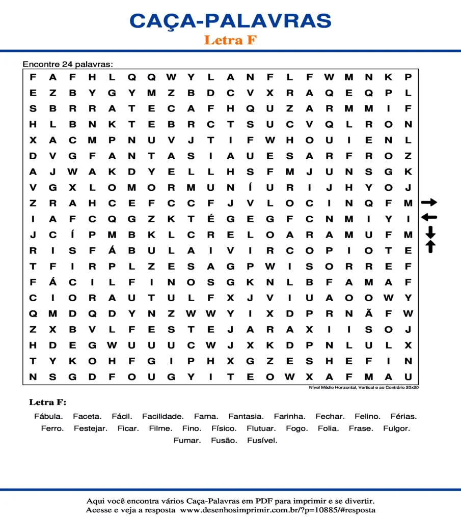 Letra F Nível Médio Horizontal, Vertical e ao Contrário 20x20 caça palavras Caça Palavras da Letra F Nível Médio Horizontal, Vertical e ao Contrário 20x20 para imprimir