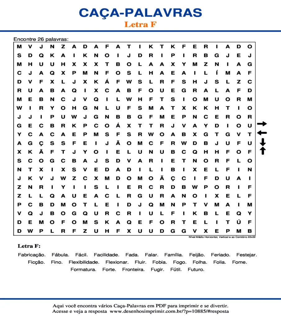 Letra F Nível Médio Horizontal, Vertical e ao Contrário 22x22 caça palavras Caça Palavras da Letra F Nível Médio Horizontal, Vertical e ao Contrário 22x22 para imprimir