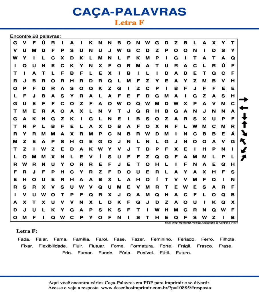 Letra F Nível Difícil Horizontal, Vertical, Diagonal e ao Contrário 24x24 caça palavras Caça Palavras da Letra F Nível Difícil Horizontal, Vertical, Diagonal e ao Contrário 24x24 para imprimir