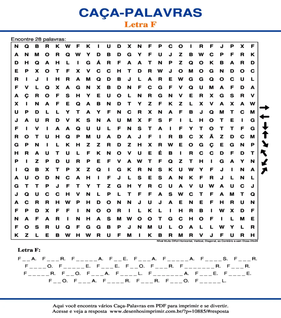 Letra F Nível Muito Difícil Horizontal, Vertical, Diagonal, ao Contrário e sem Dicas 24x24 caça palavras Caça Palavras da Letra F Nível Muito Difícil Horizontal, Vertical, Diagonal, ao Contrário e sem Dicas 24x24 para imprimir