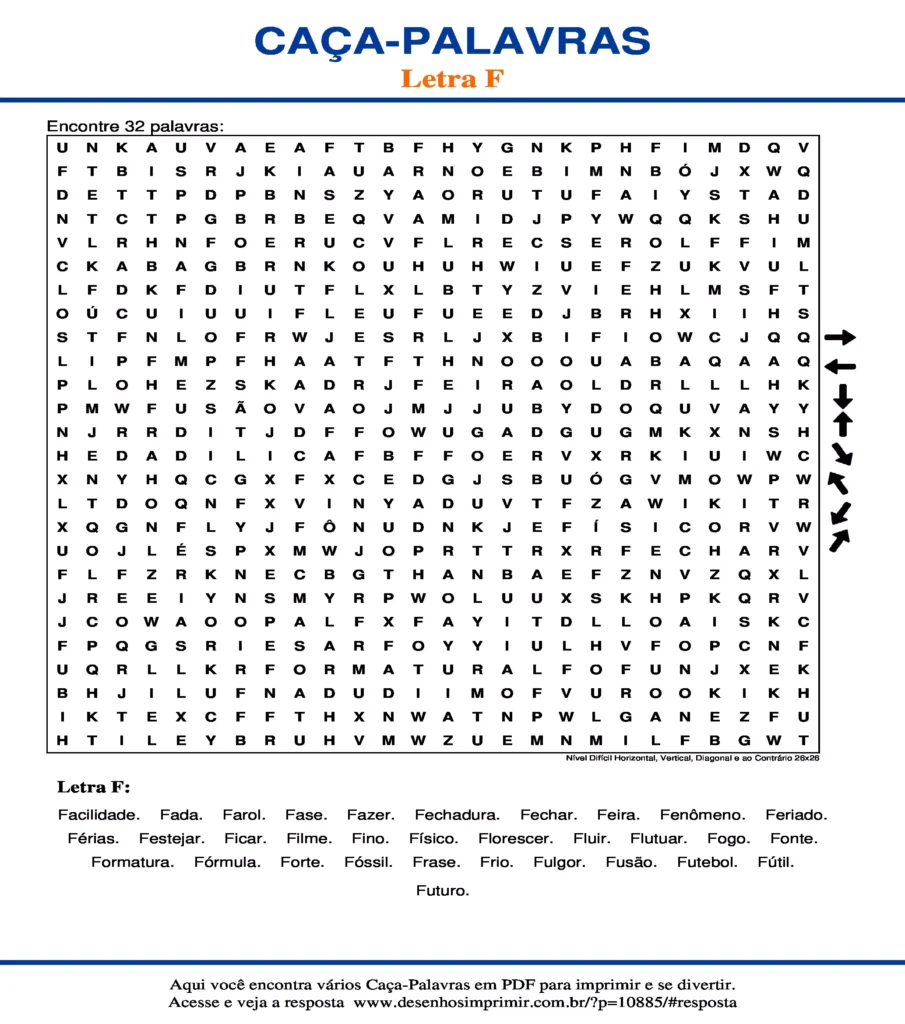 Letra F Nível Difícil Horizontal, Vertical, Diagonal e ao Contrário 26x26 caça palavras Caça Palavras da Letra F Nível Difícil Horizontal, Vertical, Diagonal e ao Contrário 26x26 para imprimir