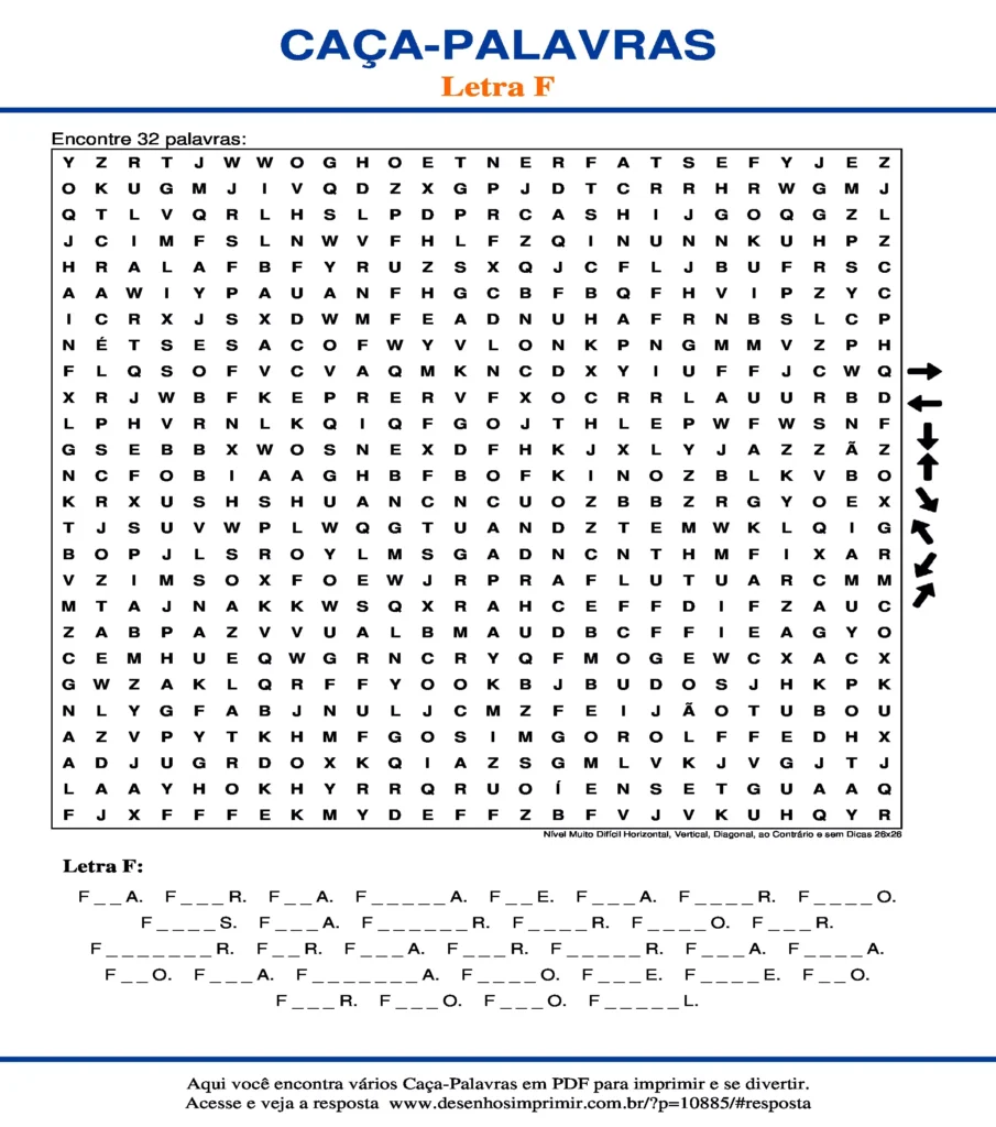 Letra F Nível Muito Difícil Horizontal, Vertical, Diagonal, ao Contrário e sem Dicas 26x26 caça palavras Caça Palavras da Letra F Nível Muito Difícil Horizontal, Vertical, Diagonal, ao Contrário e sem Dicas 26x26 para imprimir