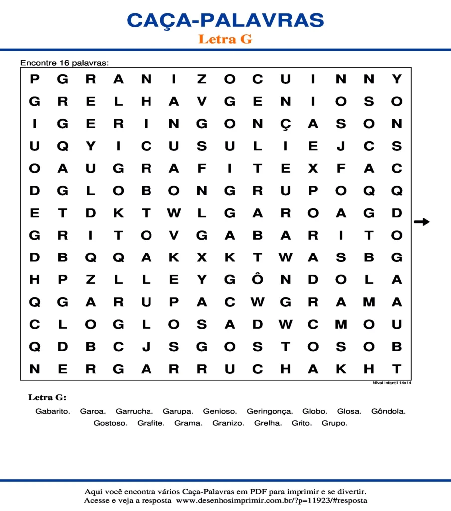 Letra G Nível Infantil 14x14 caça palavras Caça Palavras da Letra G Nível Infantil 14x14 para imprimir