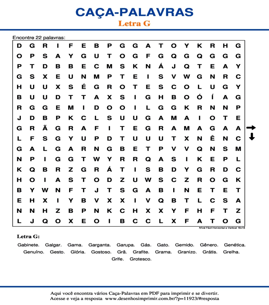 Letra G Nível Fácil Horizontal e Vertical 18x18 caça palavras Caça Palavras da Letra G Nível Fácil Horizontal e Vertical 18x18 para imprimir