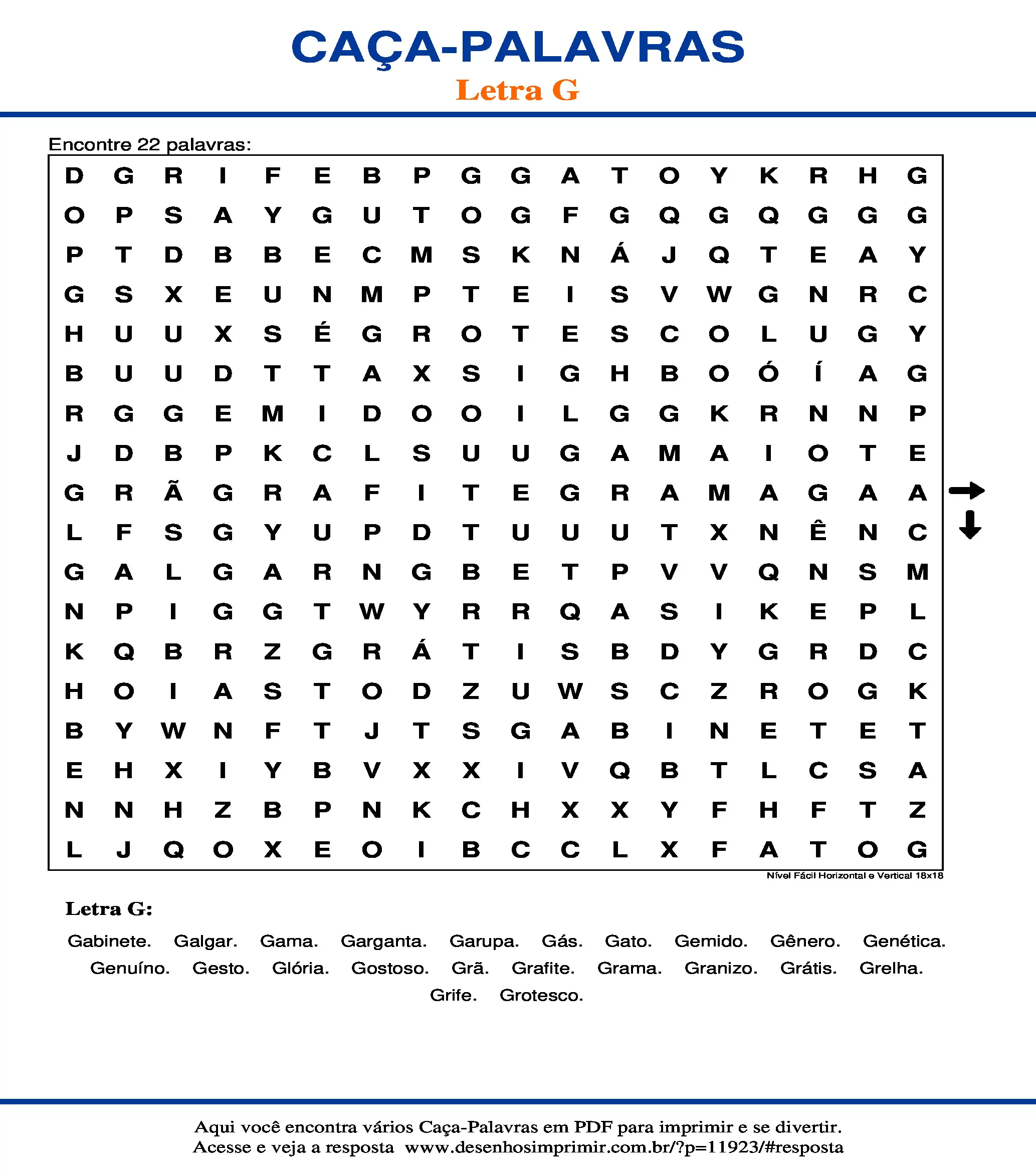 Caça Palavras Nível Fácil Horizontal e Vertical 18x18