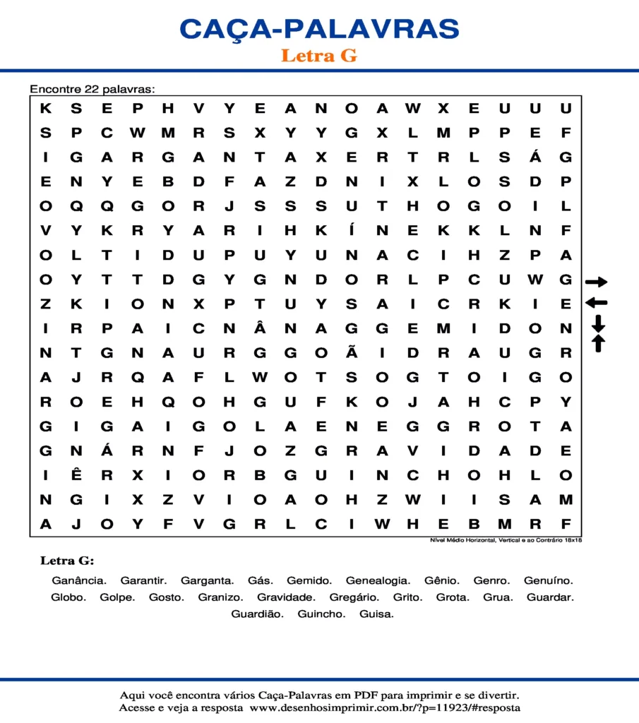 Letra G Nível Médio Horizontal, Vertical e ao Contrário 18x18 caça palavras Caça Palavras da Letra G Nível Médio Horizontal, Vertical e ao Contrário 18x18 para imprimir